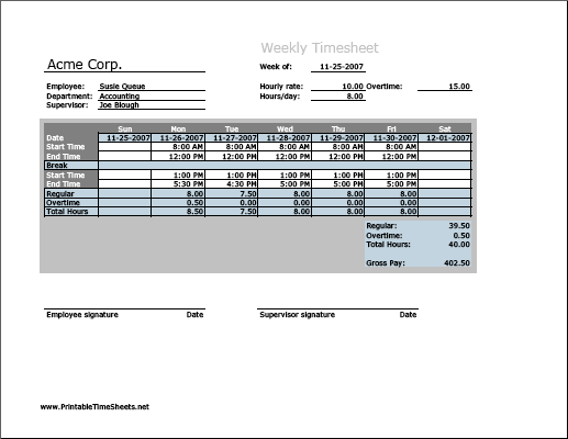 Weekly Timesheet (vertical orientation) with overtime calculation & breaktime column