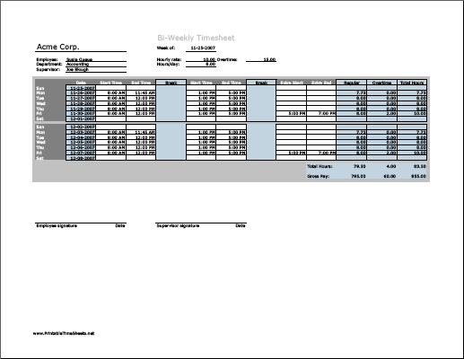 Biweekly Timesheet (horizontal orientation) with overtime calculation & breaktime column, 3 work periods