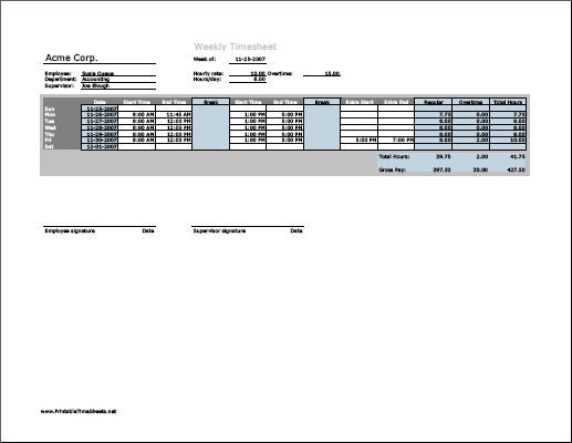 Weekly Timesheet (horizontal orientation) with overtime calculation & breaktime column, 3 work periods