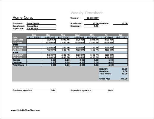 Weekly Timesheet (vertical orientation) with overtime calculation & breaktime column, 3 work periods