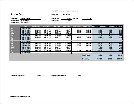 Biweekly Timesheet (horizontal orientation) with overtime calculation, 3 work periods