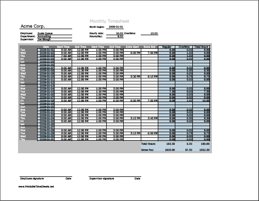 Monthly Timesheet with overtime calculation, 3 work periods