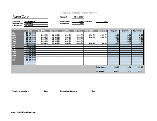 Semi-monthly Timesheet (horizontal orientation) with overtime calculation, 3 work periods