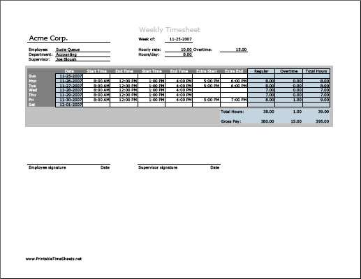 Weekly Timesheet (horizontal orientation) with overtime calculation, 3 work periods