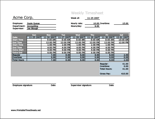 Weekly Timesheet (vertical orientation) with overtime calculation, 3 work periods