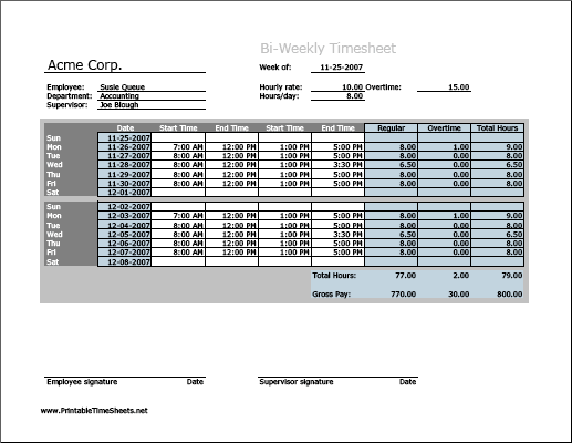 Biweekly Timesheet (horizontal orientation) with overtime calculation