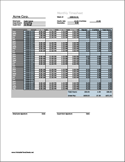 Monthly Timesheet with overtime calculation