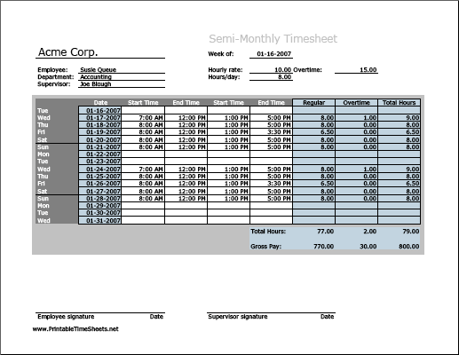 Semi-monthly Timesheet (horizontal orientation) with overtime calculation