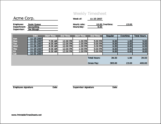 Weekly Timesheet (horizontal orientation) with overtime calculation