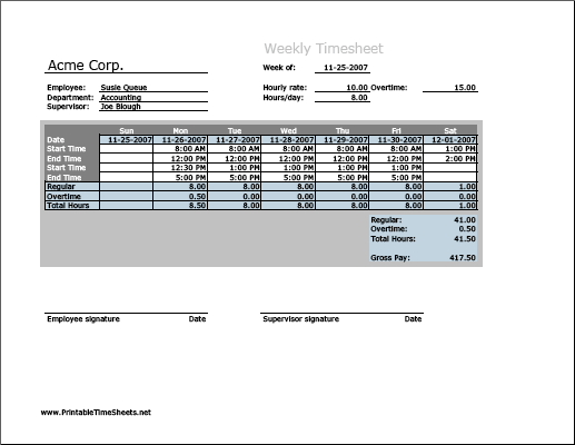 Weekly Timesheet (vertical orientation) with overtime calculation