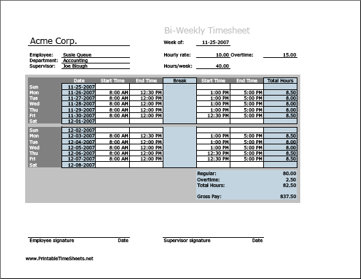 Biweekly Timesheet (horizontal orientation) with overtime calculation & breaktime column