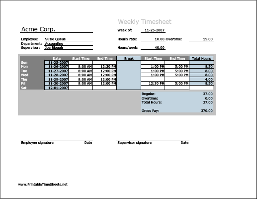 Weekly Timesheet (horizontal orientation) with overtime calculation & breaktime column