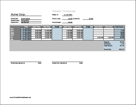 Weekly Timesheet (horizontal orientation) with overtime calculation & breaktime column, 3 work periods