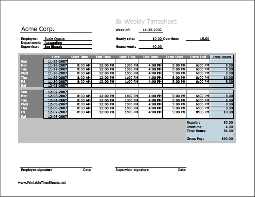 Biweekly Timesheet (horizontal orientation) with overtime calculation, 3 work periods