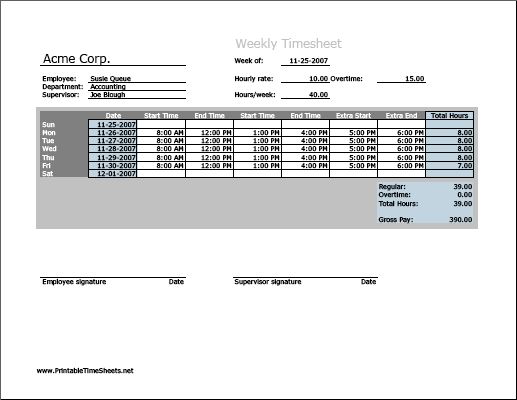 Weekly Timesheet (horizontal orientation) with overtime calculation, 3 work periods