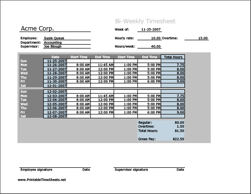 Biweekly Timesheet (horizontal orientation) with overtime calculation