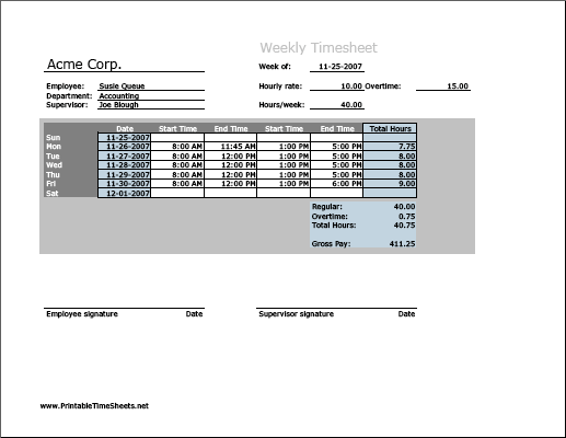 Weekly Timesheet (horizontal orientation) with overtime calculation