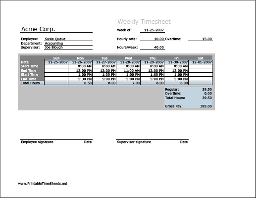 Weekly Timesheet (vertical orientation) with overtime calculation
