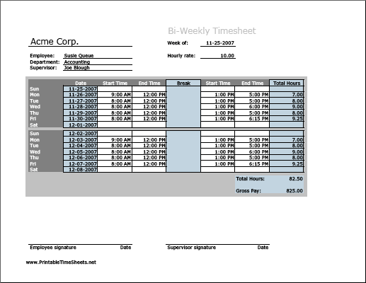 Biweekly Timesheet (horizontal orientation) with breaktime column