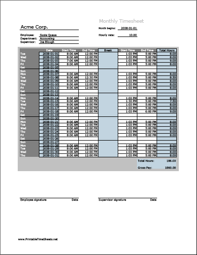 Monthly Timesheet (vertical orientation) with breaktime column