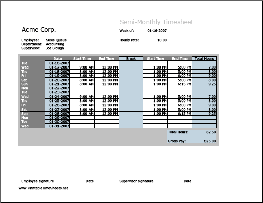 Semi-monthly Timesheet (horizontal orientation) with breaktime column