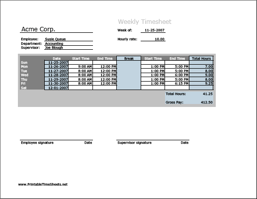 Weekly Timesheet (horizontal orientation) with breaktime column