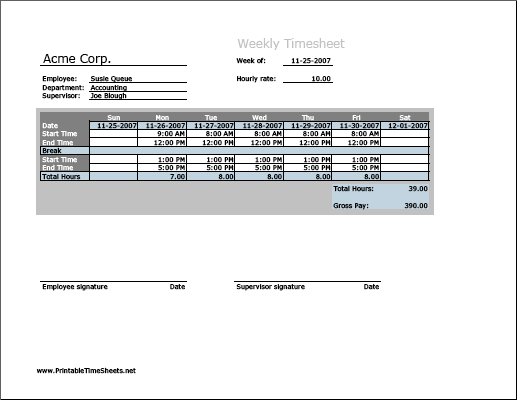 Weekly Timesheet (vertical orientation) with breaktime column