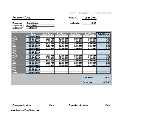 Semi-monthly Timesheet (horizontal orientation)