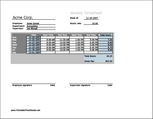 Weekly Timesheet (horizontal orientation)