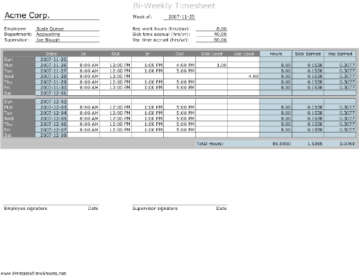 Biweekly Timesheet with Vacation and Sick Day calculation