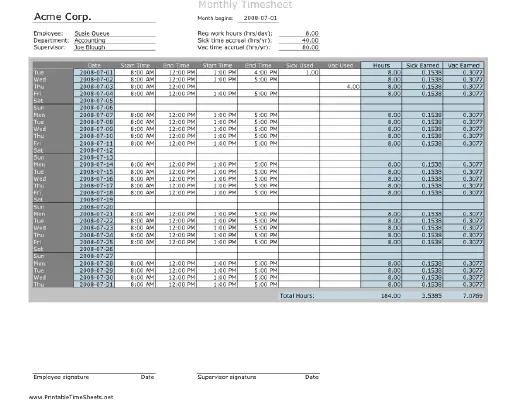 Monthly Timesheet with Vacation and Sick Day calculation