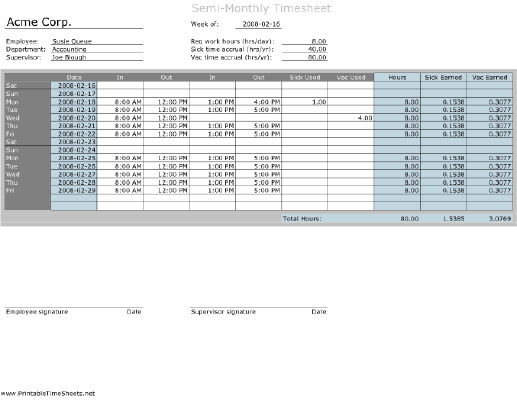 Semi-monthly Timesheet with Vacation and Sick Day calculation