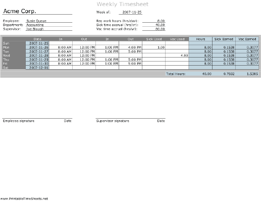 Weekly Timesheet with Vacation and Sick Day calculation