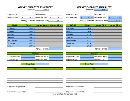 Half Page Weekly Timesheet