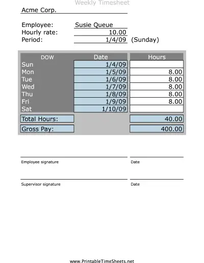 Simple Weekly Timesheet